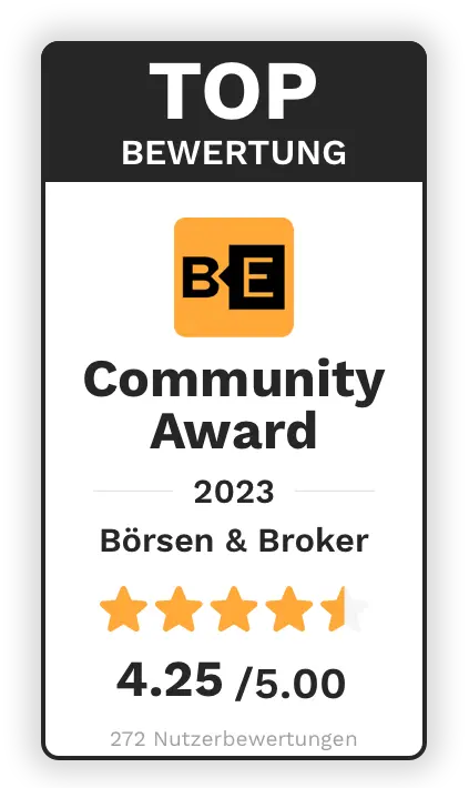 Top Bewertung - BTC Echo Community Award - 2023 - Börsen & Broker - 4.57 von 5.00 Sternen