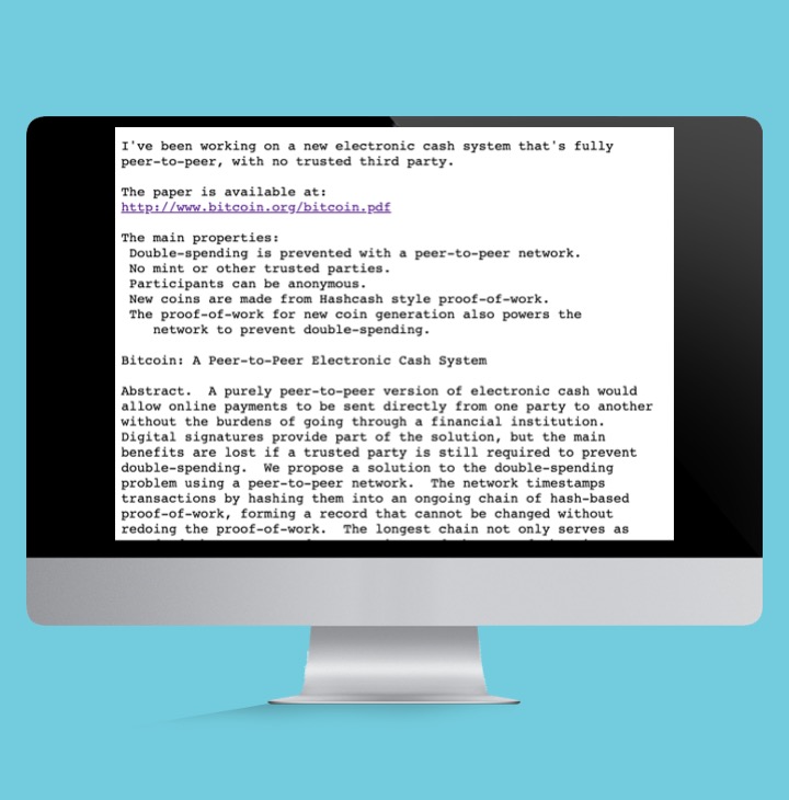 Bitcoin-Whitepaper von Satoshi Nakamoto im Blogbeitrag zur Geschichte der Kryptowährungen.