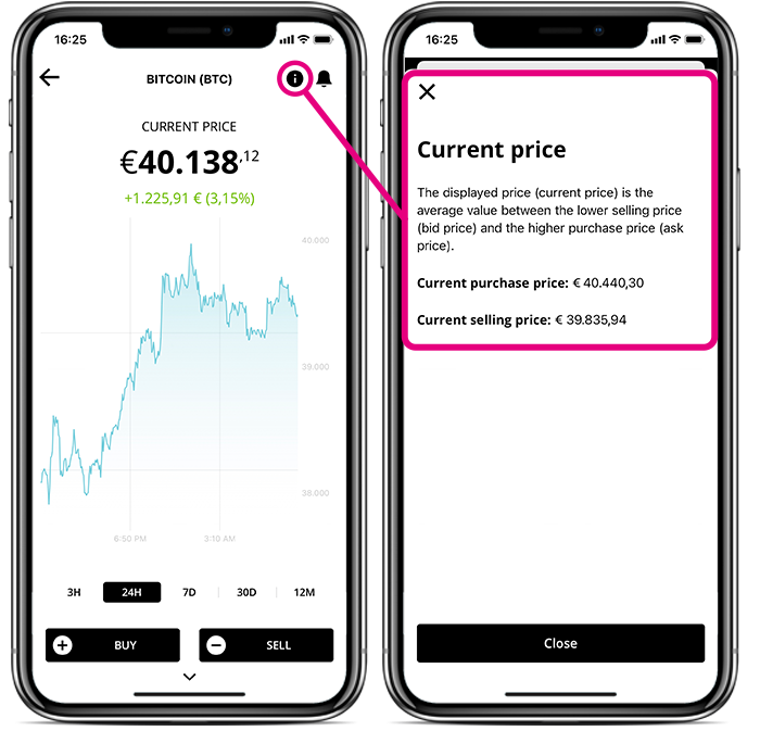 Screens of BISON App with current price