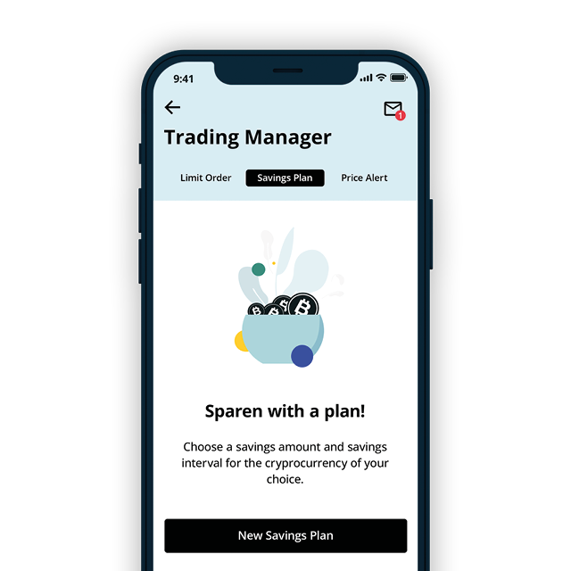 The image shows a smartphone with the starting screen Trading Manager.