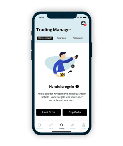 Das Bild zeigt ein Smartphone mit dem App-Screen Trading Manager.