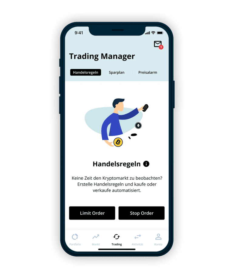 Das Bild zeigt ein Smartphone mit dem App-Screen Trading Manager.