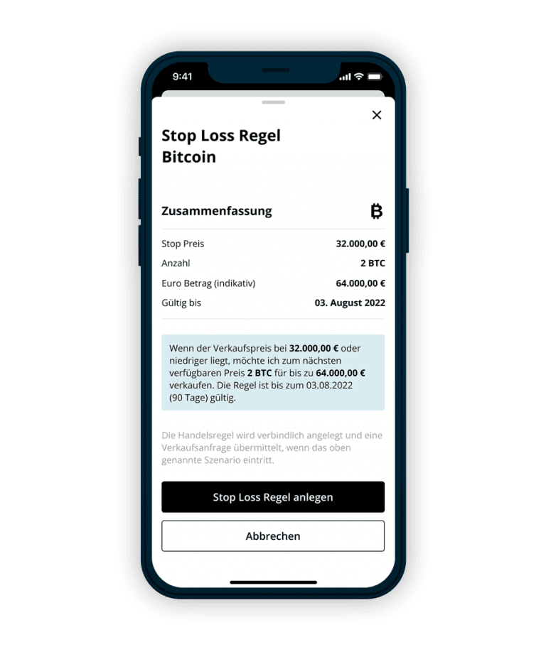 Das Bild zeigt ein Smartphone mit der In-App Ansicht Stop Loss Order definieren.
