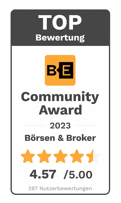 Top Bewertung - BTC Echo Community Award - 2023 - Börsen & Broker - 4.57 von 5.00 Sternen