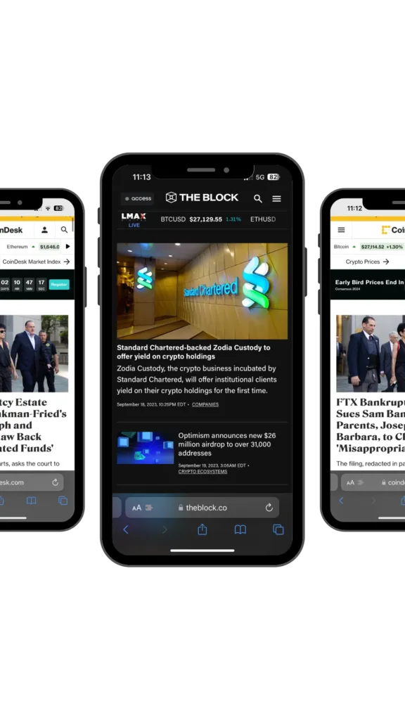 Mobile Ansicht verschiedener Krypto- und Bitcoin News-Seiten