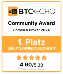 BTC ECHO Community Award. 1. Platz Benutzerfreundlichkeit. 4,90 von 5 Sternen