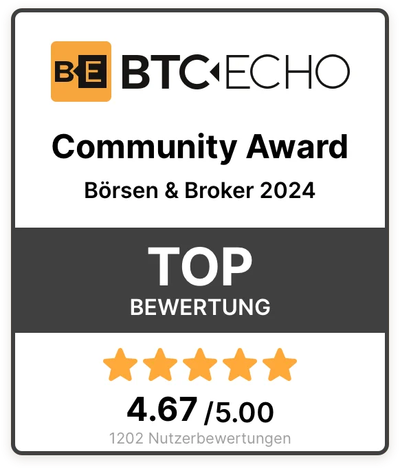 Top Bewertung - BTC Echo Community Award - 2024 - Börsen & Broker - 4.67 von 5.00 Sternen