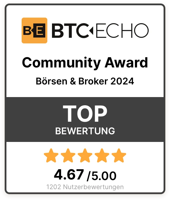 BTC ECHO Community Award. Top Bewertung. 4,67 von 5 Sternen