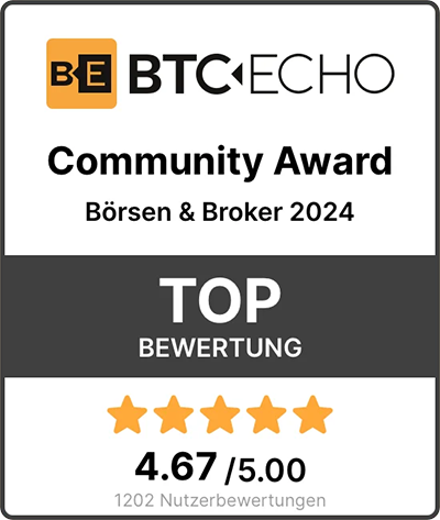 Top Bewertung - BTC Echo Community Award - 2024 - Börsen & Broker - 4.67 von 5.00 Sternen